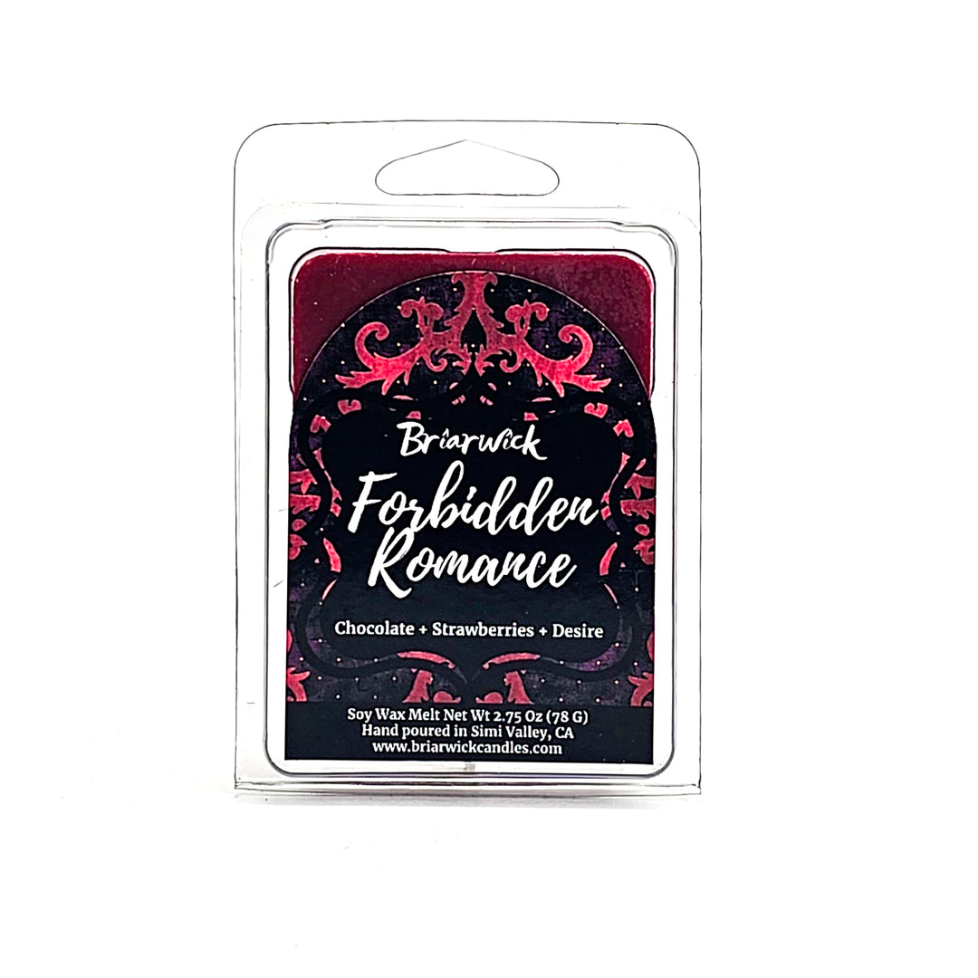 Forbidden Romance 2oz burgundy Wax Melt with red ornamental design on a white background