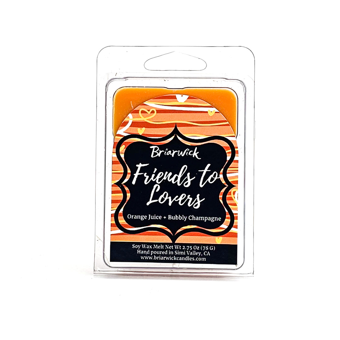Friends-To-Lovers 2oz yellow mustard Wax Melt with white & orange line design on a white background