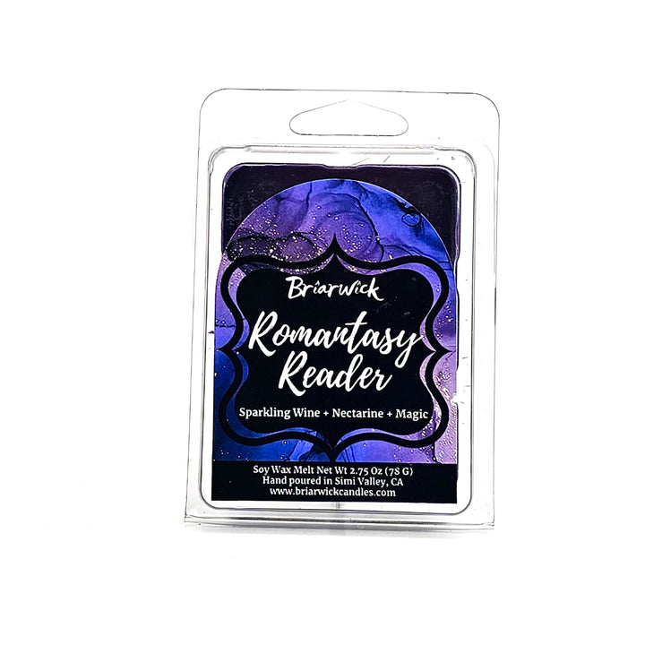 Romantasy Reader 2oz plum Wax Melt with purple textural design on a white background