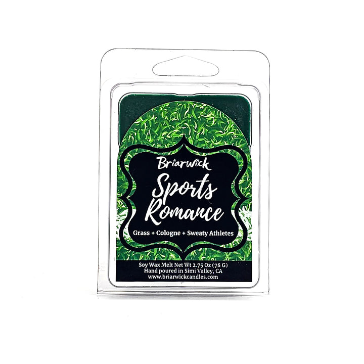Sports Romance 2oz dark green Wax Melt with sports field design on a white background