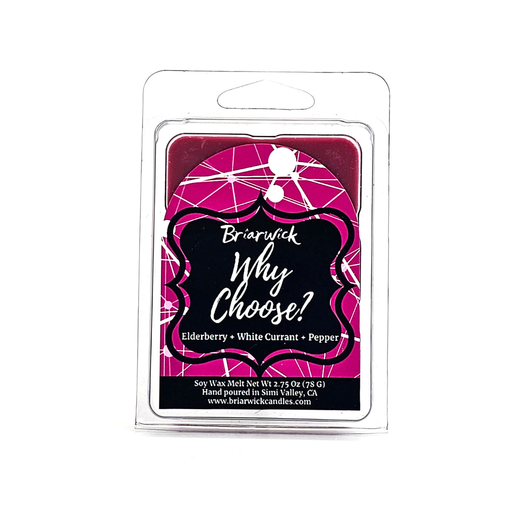 Why Choose? 2oz magenta Wax Melt with magenta & white line design on a white background