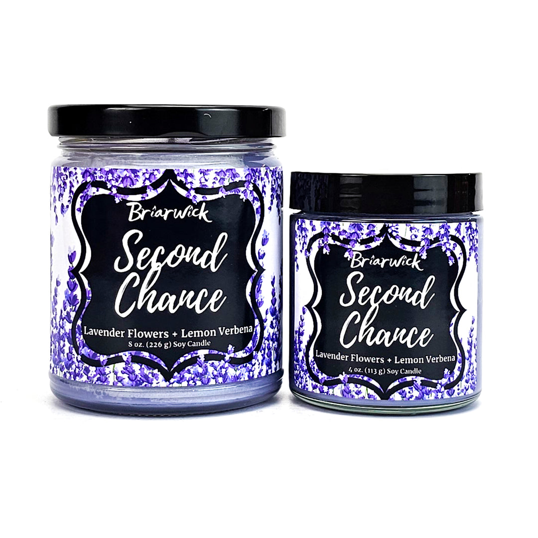 Second Chance 8oz & 4oz lavender candles with lavender floral designs on a white background