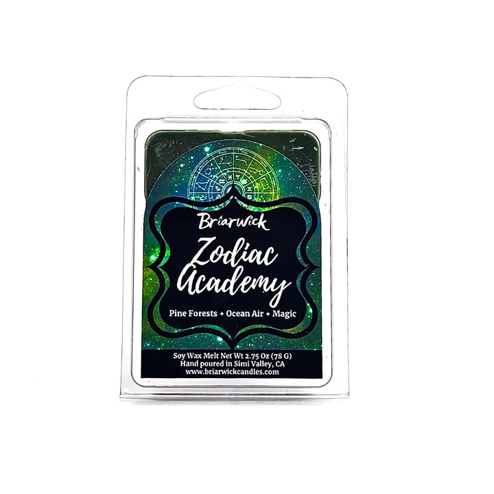 Zodiac Academy 2oz pine green Wax Melt with green galaxy star chart design on a white background