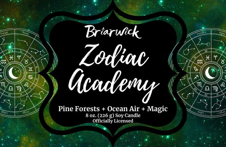 Zodiac Academy label with green galaxy star chart design
