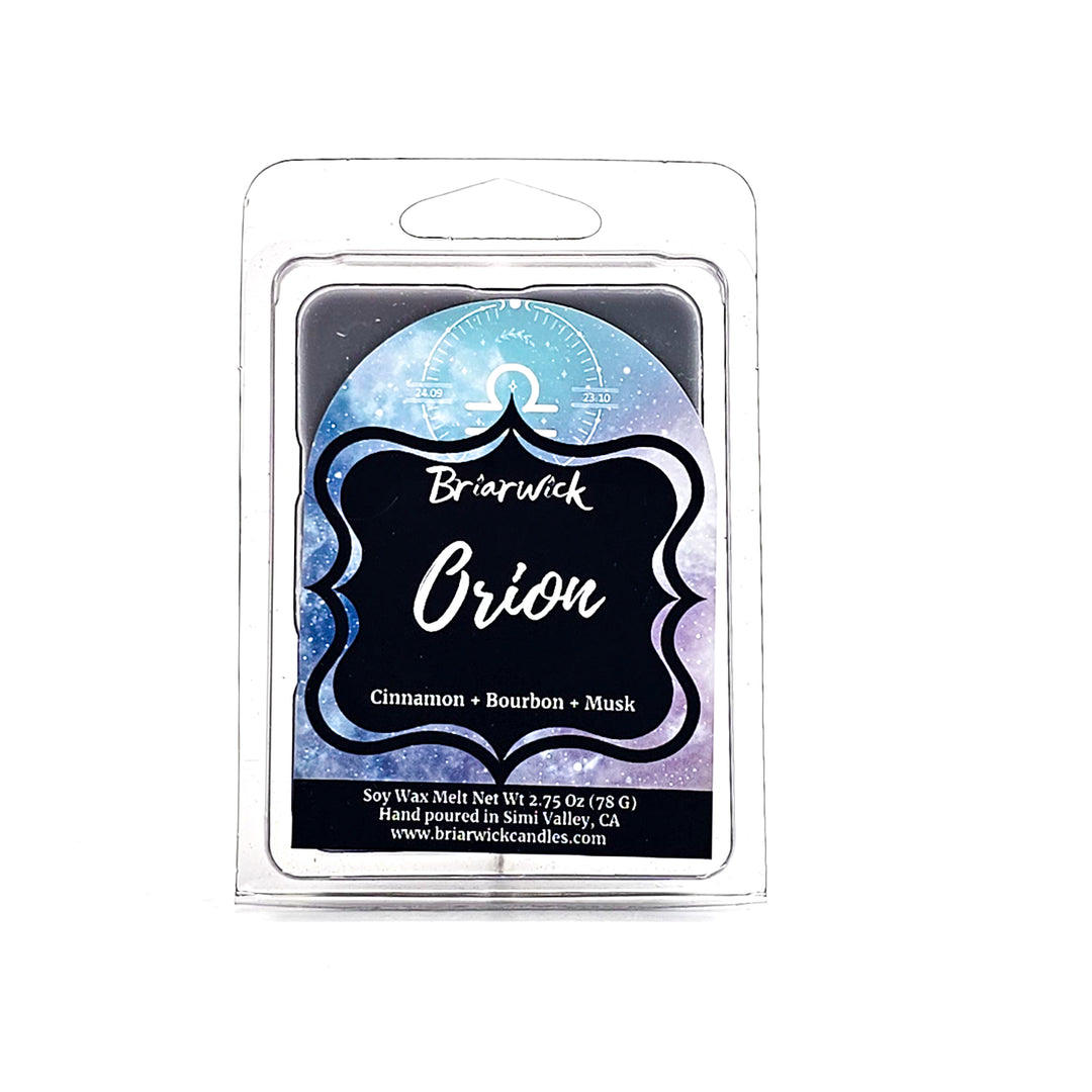 Orion 2oz flint gray Wax Melt with gray galaxy libra design on a white background